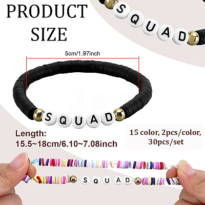 30Pcs 15 Colors Handmade Polymer Clay Bead Bracelets BJEW-PH02006-1