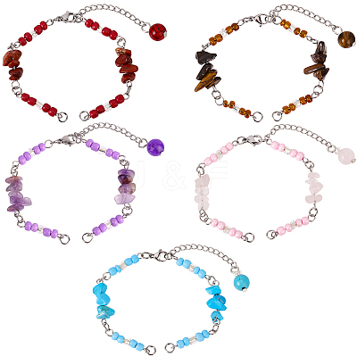 15Pcs 5 Styles Synthetic Turquoise & Natural Rose Quartz & Tiger Eye & Amethyst & Red Jasper Chips & Handmade Seed Beads Bracelet Making AJEW-SC0031-86-1