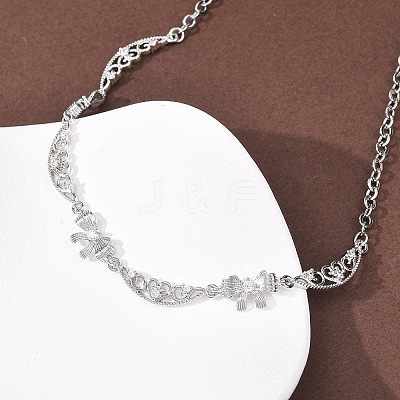 Brass Pave Clear Cubic Zirconia Bowknot and Hollow Moon Link Chain Necklaces NJEW-D348-02P-1