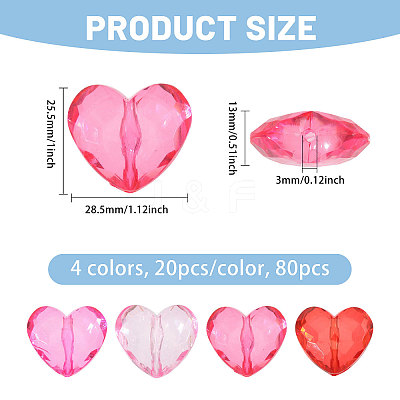 80Pcs 4 Colors Transparent Acrylic Heart Beads OACR-CA0001-23-1