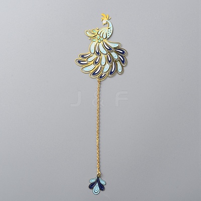 Chinese Style Brass Enamel Peacock Pendant Bookmarks AJEW-WH0401-13-1