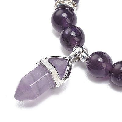 Natural Amethyst Round Beaded Stretch Bracelet with Bullet Charms BJEW-JB09018-04-1
