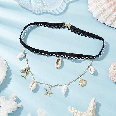 304 Stainless Steel Starfish & Shell & Dolphin Tassel Thigh Leg Chains AJEW-AN00654-1