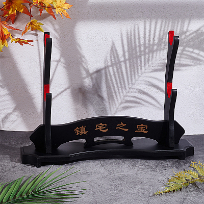 2-Tier Wooden Sword Katana Holder Stand AJEW-WH0470-93B-1