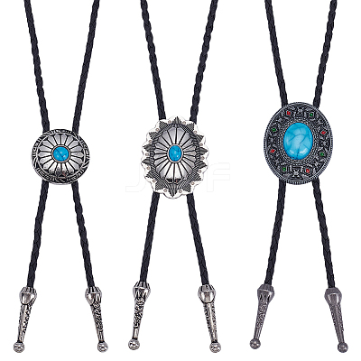3Pcs 3 Style Adjustable Zinc Alloy Pave Synthetic Turquoise Oval/Flat Round Pendant Black PU Leather Cord Lariat Necklaces NJEW-ME0001-02-1