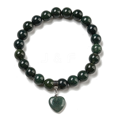 8.5mm Round Natural Moss Agate Beaded Stretch Bracelets BJEW-C074-01P-1