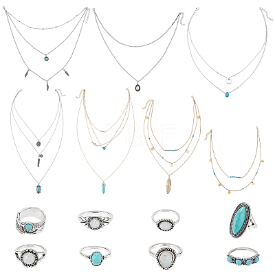 15Pcs 15 Style Oval & Teardrop & Feather Synthetic Turquoise Pendants Multi-layer Necklaces & Finger Rings SJEW-AN0001-43-1