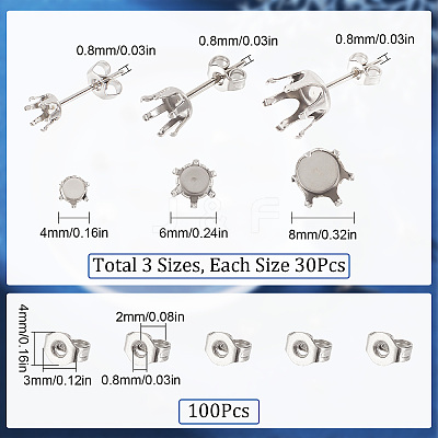 90Pcs 3 Size 304 Stainless Steel Post Stud Earring Settings STAS-SC0004-85-1