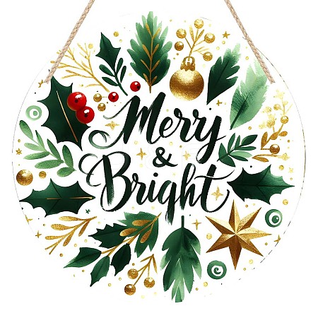 Christmas Wood Flat Round with Word Merry & Bright Pendant Decoration PW-WG88807-01-1