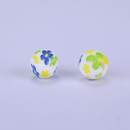Printed Round with Flower Pattern Silicone Focal Beads SI-JX0056A-199-1