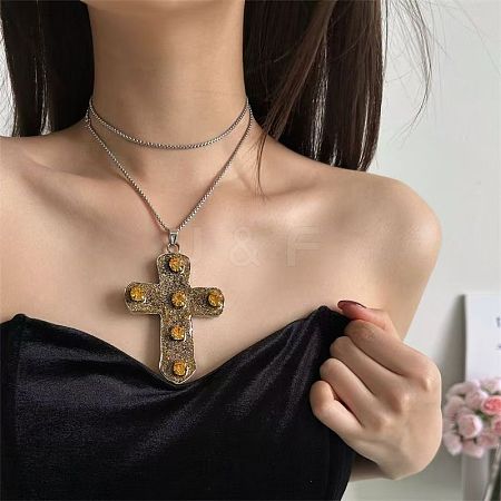 Vintage Brass Topaz Rhinestone Religion Cross Pendant Necklaces for Women WG22B27-01-1