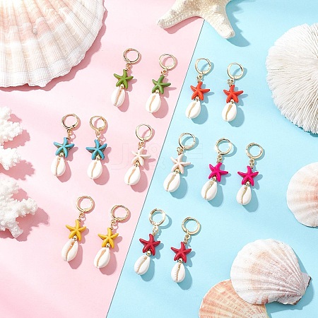 Starfish Synthetic Turquoise Hoop Earrings EJEW-JE06440-1