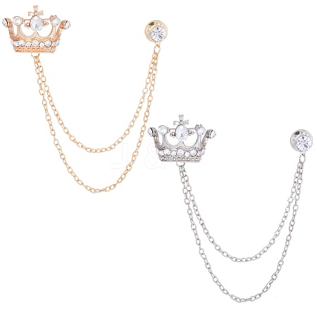 Gorgecraft 2Pcs 2 Colors Crystal Rhinestone Crown Hanging Chain Brooches JEWB-GF0001-35-1