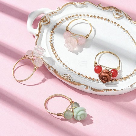 Rose Natural Green Aventurine & Quartz Crystal & Rose Quartz & Dyed Malaysia Jade Finger Rings RJEW-JR00828-1