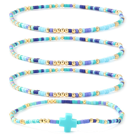 4Pcs Vintage Cylinder Seed Beads &  Brass Beaded Bracelet Sets VC6317-8-1