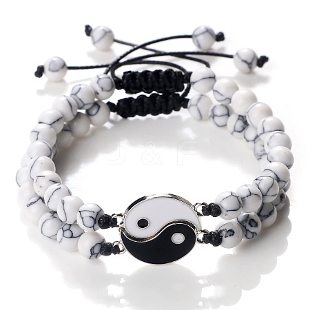 Black and White Yin Yang Natural Howlite Braided Bracelets NA9786-5-1