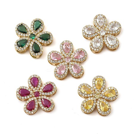 Brass Pave Cubic Zirconia 5-Petal Flower Multi-Strand Links KK-I276-30G-1