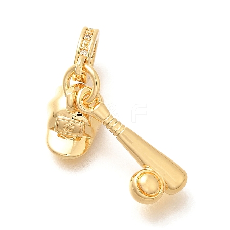 Brass Clear Cubic Zirconia Baseball Bat & Hat European Dangle Charms KK-U048-12G-1