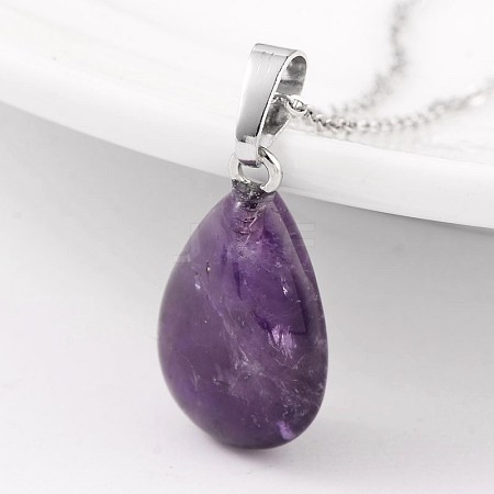 Teardrop Platinum Tone Brass Amethyst Pendants G-F267-02C-1