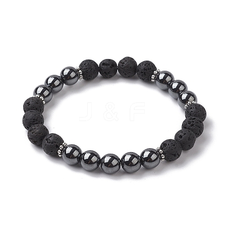 8mm Round Synthetic Non-Magnetic Hematite & Natural Lava Rock Beaded Stretch Bracelets for Women Men BJEW-JB10533-04-1