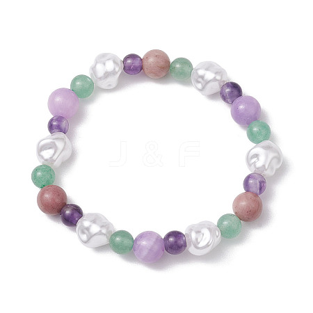 Round Natural Amethyst & Dyed Yellow Jade & Green Aventurine & Rhodonite & Nuggets Plastic Imitation Pearl Beaded Stretch Bracelets for Women BJEW-JB10629-1