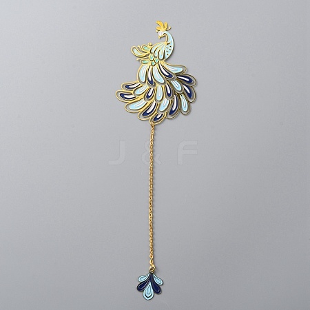 Chinese Style Brass Enamel Peacock Pendant Bookmarks AJEW-WH0401-13-1
