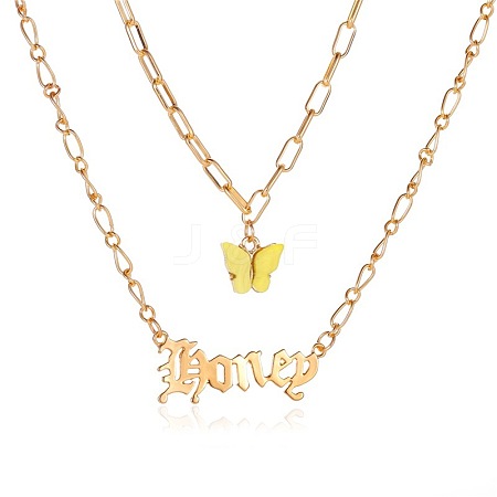 Acrylic Butterfly with Alloy Word Honey Pendant Double Layer Necklaces for Women WG9E726-01-1