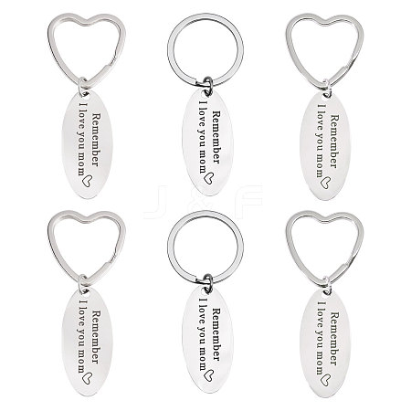 GOMAKERER 6Pcs 2 Styles Mother's Day Oval with Word Remember I Love You Mom Stainless Steel Keychain AJEW-GO0001-57-1