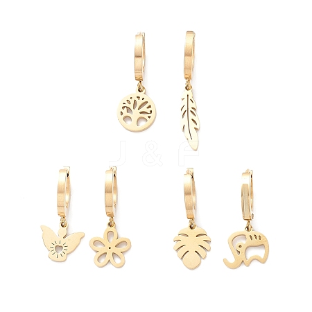 3 Pair 3 Style Leaf & Flower & Butterfly & Tree & Elephant Asymmetrical Earrings EJEW-B020-03G-1