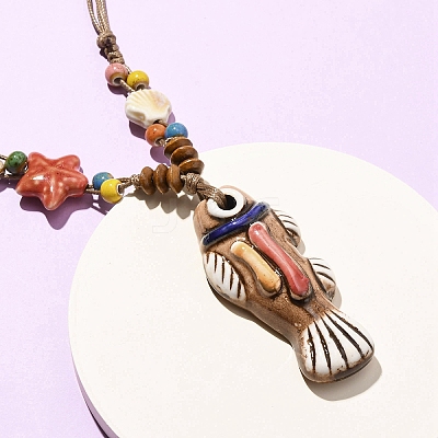 Ceramic Fish Pendant Adjustable Waxed Cord Necklaces for Women NJEW-B146-03-1