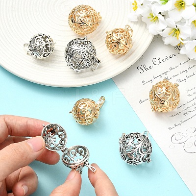 8Pcs 4 Styles Brass Hollow Round Cage Pendants KK-YW0004-37-1