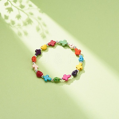 Synthetic Turquoise(Dyed) Cross & Skull Beaded Stretch Bracelet BJEW-JB08451-02-1