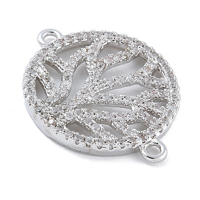 Rack Plating Brass Micro Pave Clear Cubic Zirconia Flat Round with Tree Connector Charms KK-A234-034P-1