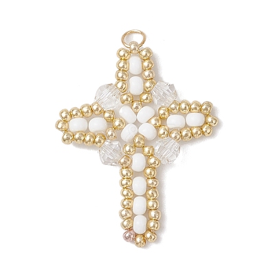 Glass Seed Beaded Cross Pendants PALLOY-MZ00826-01-1