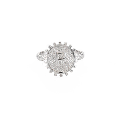 Non-Tarnish 304 Stainless Steel Flat Round with Initial Letter Open Cuff Ring for Men Women RJEW-S405-246P-P-1