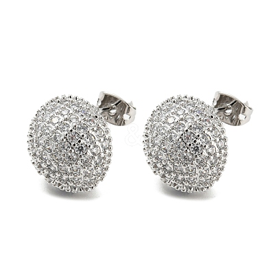 Round Shape Brass Micro Pave Clear Cubic Zirconia Stud Earrings EJEW-Q785-11P-1