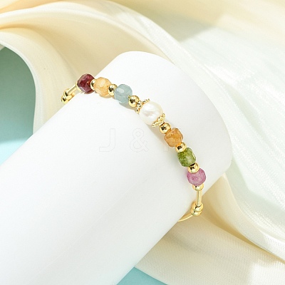 Natural Tourmaline & Freshwater Pearl Beaded Copper French Wired Cuff Bangles for Women BJEW-JB13987-01-1
