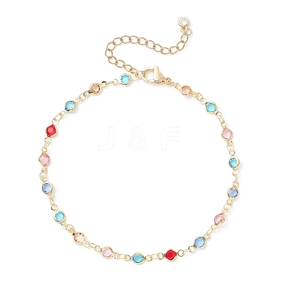 Brass & Glass Colorful Flat Round Link Chain Anklets AJEW-AN00731-1
