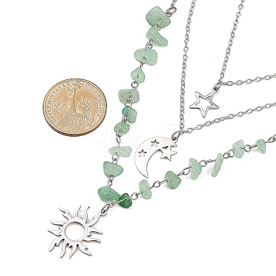201 Stainless Steel Sun Moon Star Pendant Natural Green Aventurine & 304 Stainless Steel Link Chain 3 Layer Necklaces for Women NJEW-JN05470-03-1