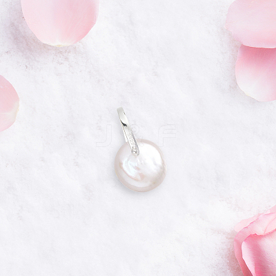 1Pc Natural Pearl Flat Round Pendants STER-BBC0009-63-1