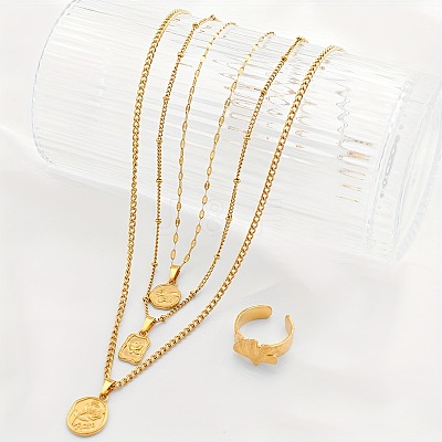 Oval/Flat Round/Rectangle with Rose Pattern 304 Stainless Steel Pendant Necklaces & Ginkgo Leaf Cuff Ring Sets FS-WGBCCD7-01-1