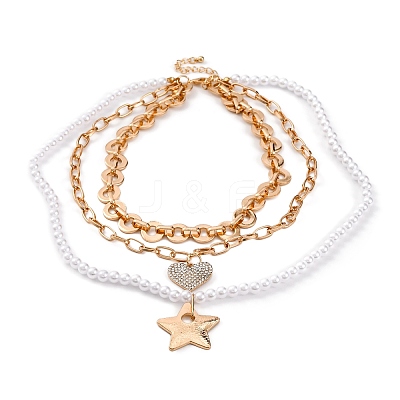 Alloy & Plastic Pearl 3 Layer Necklaces for Women NJEW-U013-03G-1