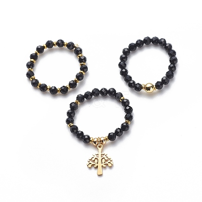 15Pcs 5 Set Natural Black Onyx & Synthetic Hematite Beaded Stretch Rings Set RJEW-JR00521-1