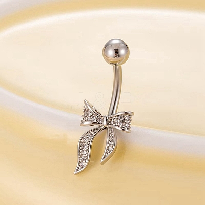 Brass Pave Clear Cubic Zirconia Curved Barbell Bowknot Belly Rings AJEW-L099-01B-P-1