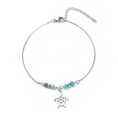 304 Stainless Steel Turtle Charm Anklet with Round Natural White Jade Beads for Women AJEW-AN00498-04-1