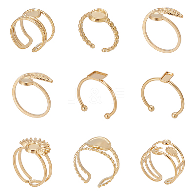 9Pcs 9 Styles Ion Plating(IP) 304 Stainless Steel Open Cuff Ring Components STAS-WR0001-34-1