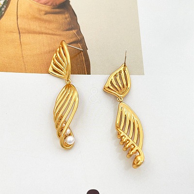 Line Brass Imitation Pearl Dangle Stud Earrings EJEW-M084-01G-1