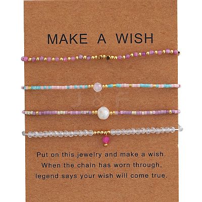4Pcs 4 Styles Natural Gemstone Round Beaded Bracelets & Glass Seed Beads Adjustable Bracelets & Glass Round Beaded Charm Bracelets Set for Women EV4256-2-1