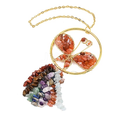 Butterfly Brass & Natural Carnelian Pendant Decorations HJEW-Z007-04G-08-1