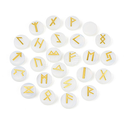 Brass Elder Futhark Alphabet Engraved Symbol Flat Round Opalite Rune Stones G-I373-01O-1